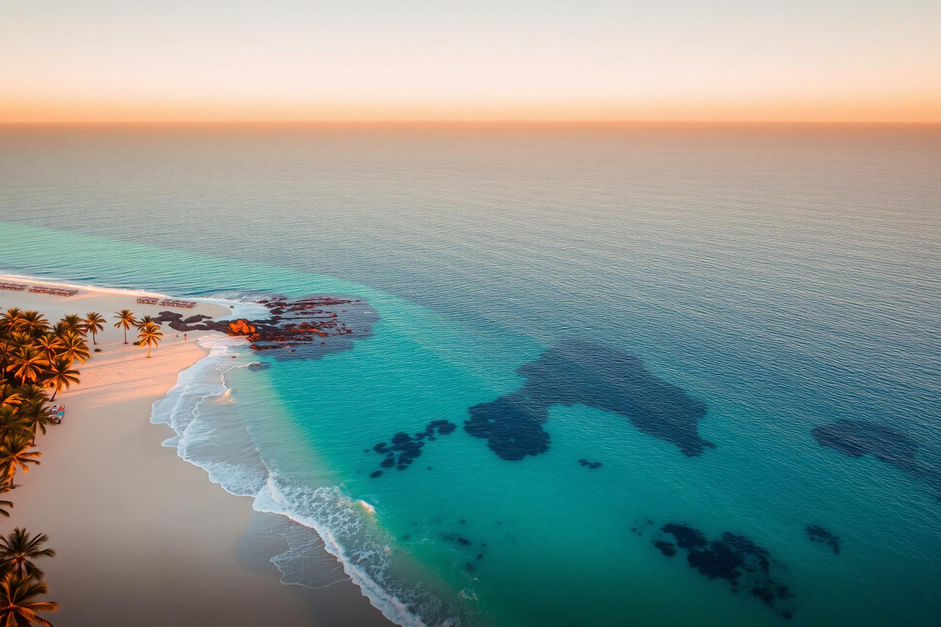 Praia brasileira ao entardecer com águas turquesa
